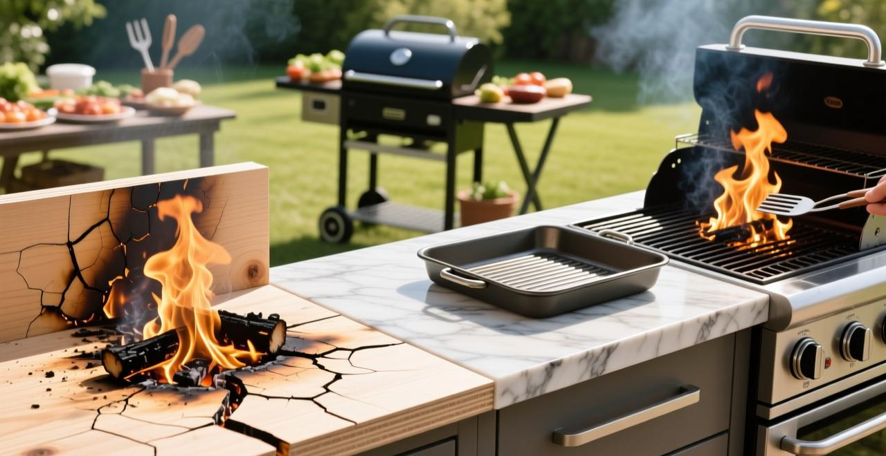 户外厨房烧烤台选材必看：至尊岩板耐晒耐高温实测